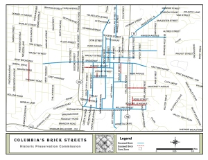 Map showing brick streets, covered and uncovered and the core area of concern. Historic Preservation Commission map used with permission.